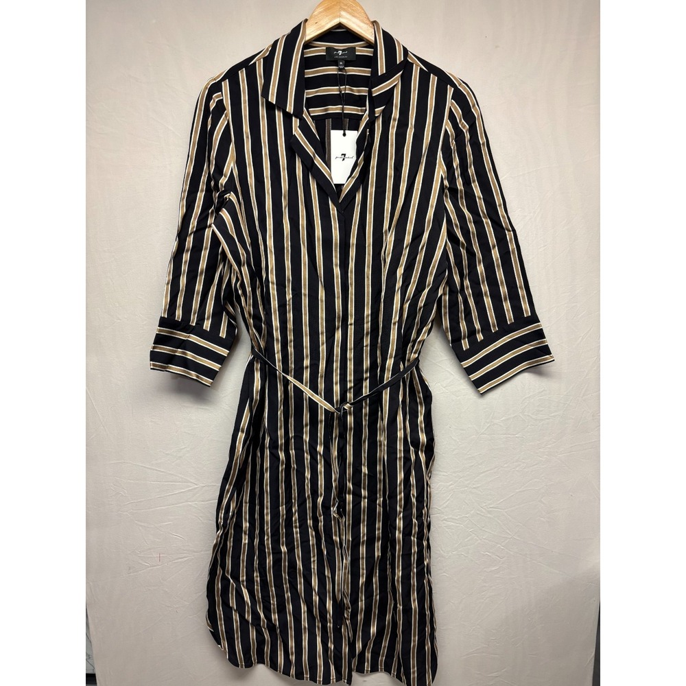 7 For All Mankind Shirt Dress Womens Black Gold Striped Midi Belted NWT Medium